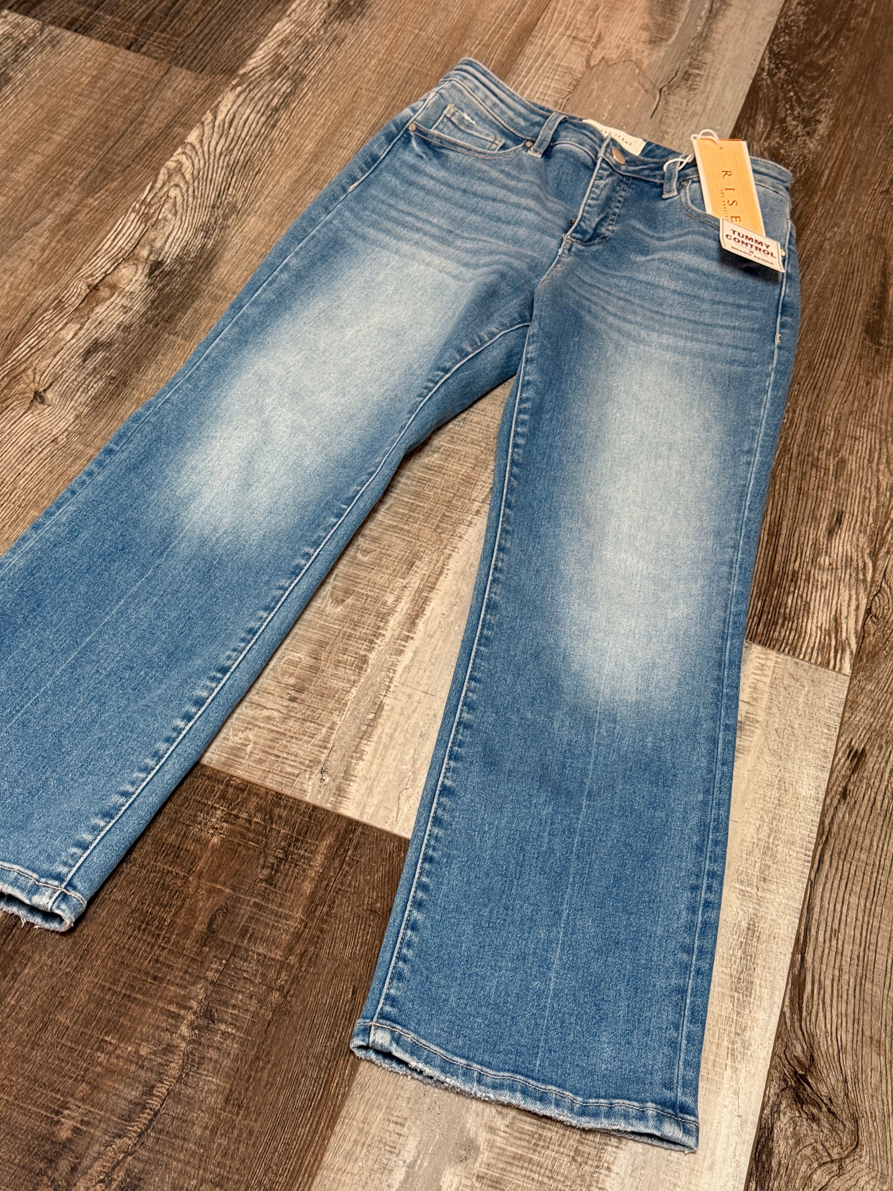 Risen High Rise Crop Straight Jeans w/ Tummy Control Medium Wash