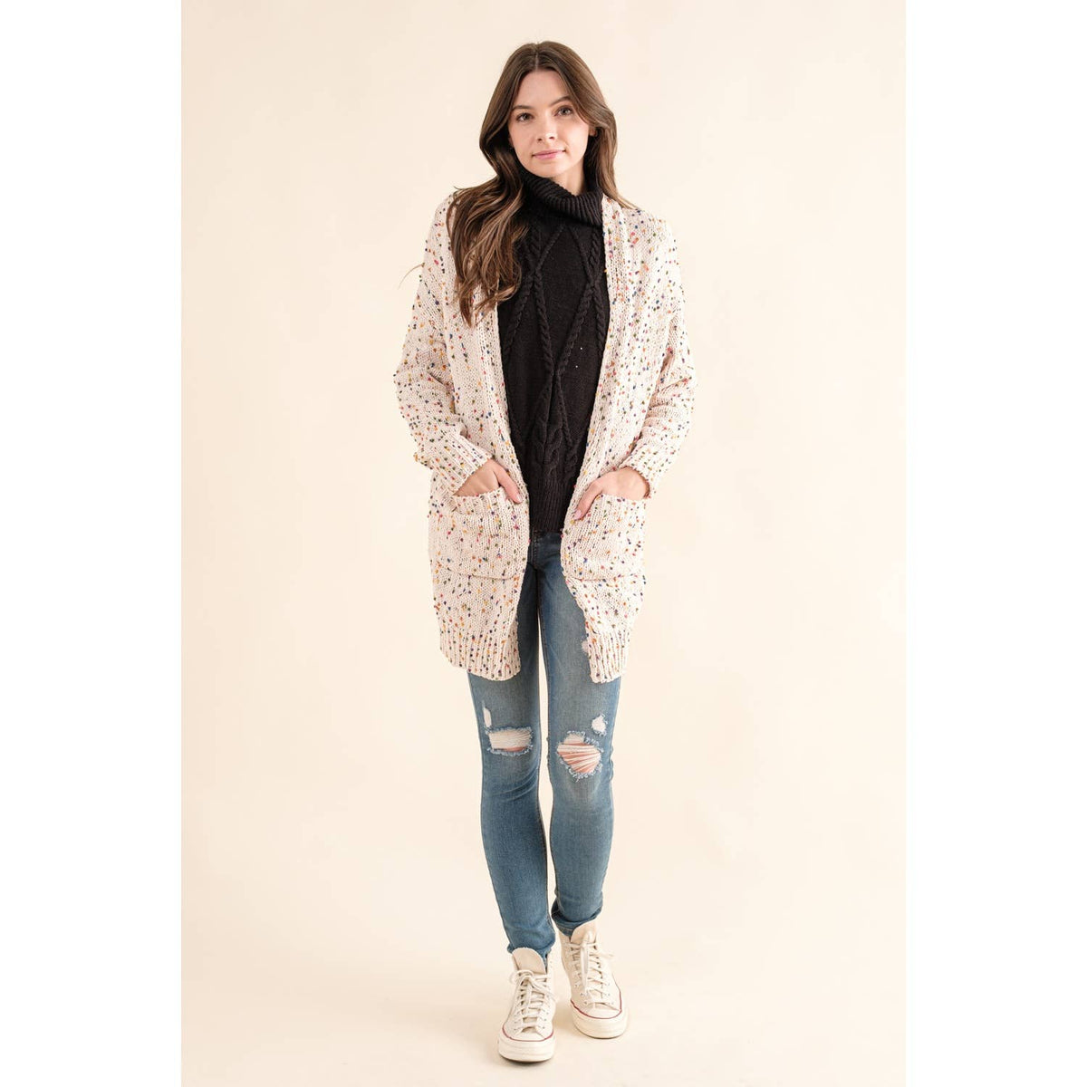 CARDIGAN W RAINBOW POPCORN SPECKLES