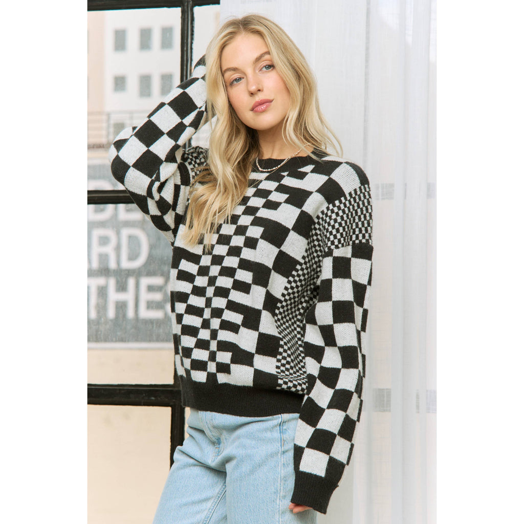 CHIC CHECKER JACQUARD PRINT CASUAL PULLOVER SWEATER