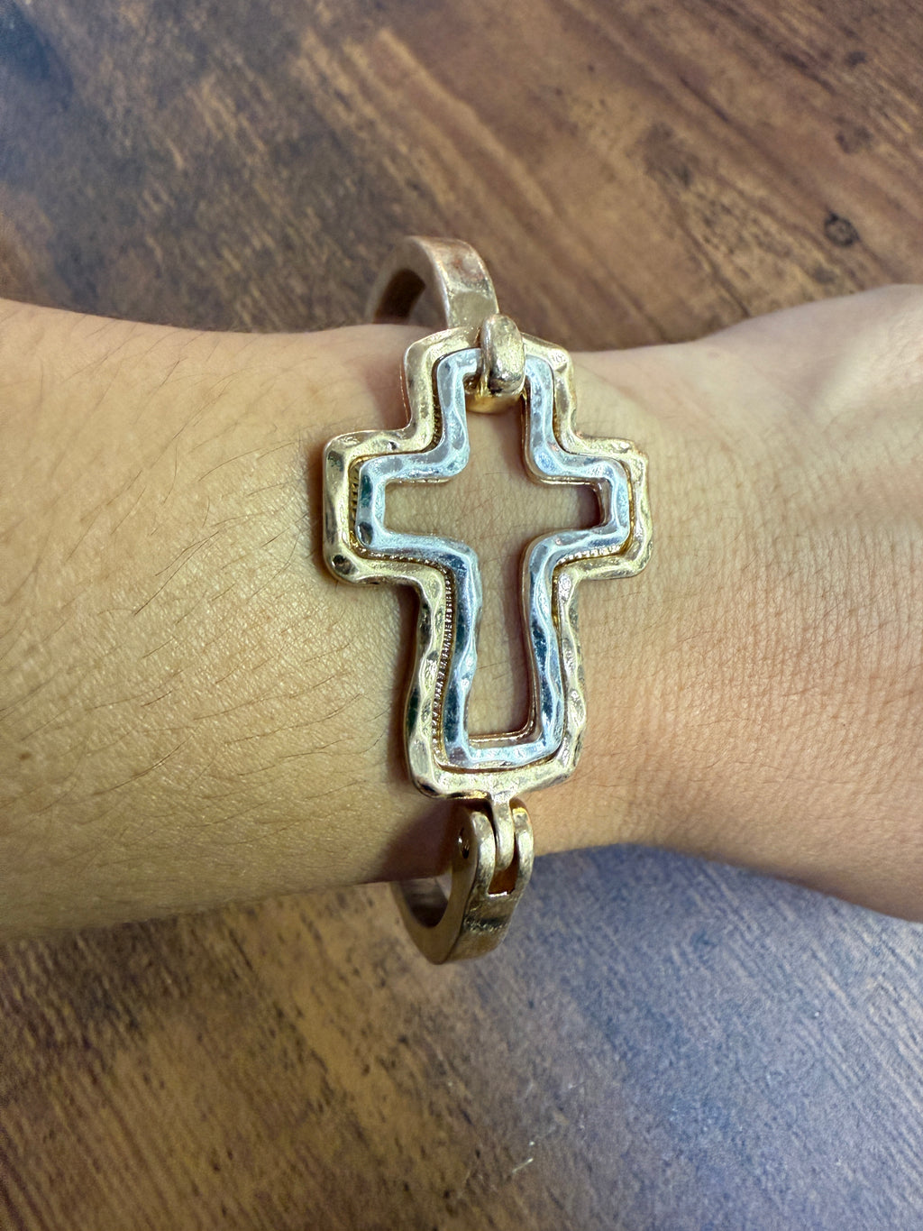Beautiful Mixed Metal Cross Cuff Bracelet Gold OR Silver