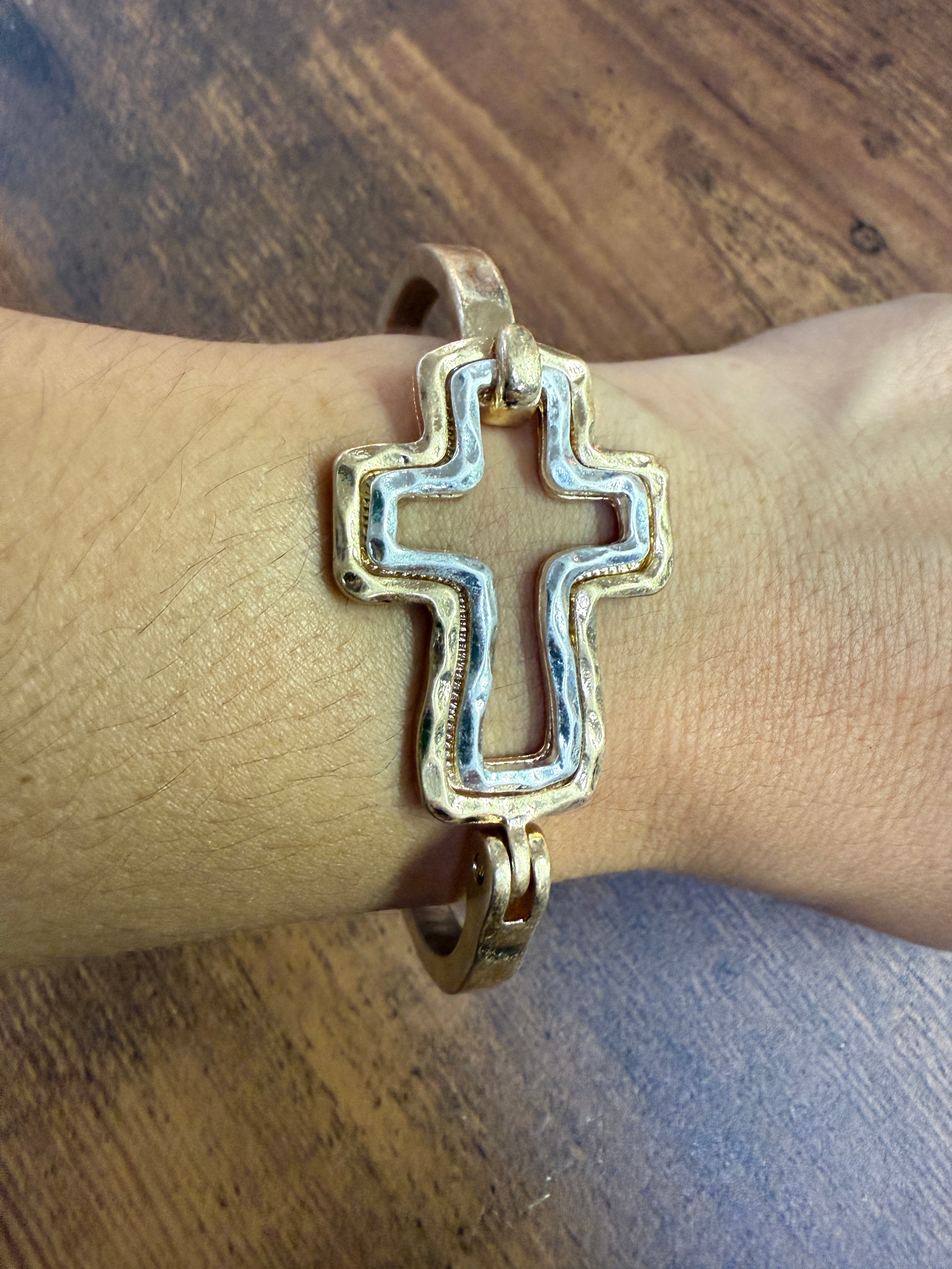 Beautiful Mixed Metal Cross Cuff Bracelet Gold OR Silver