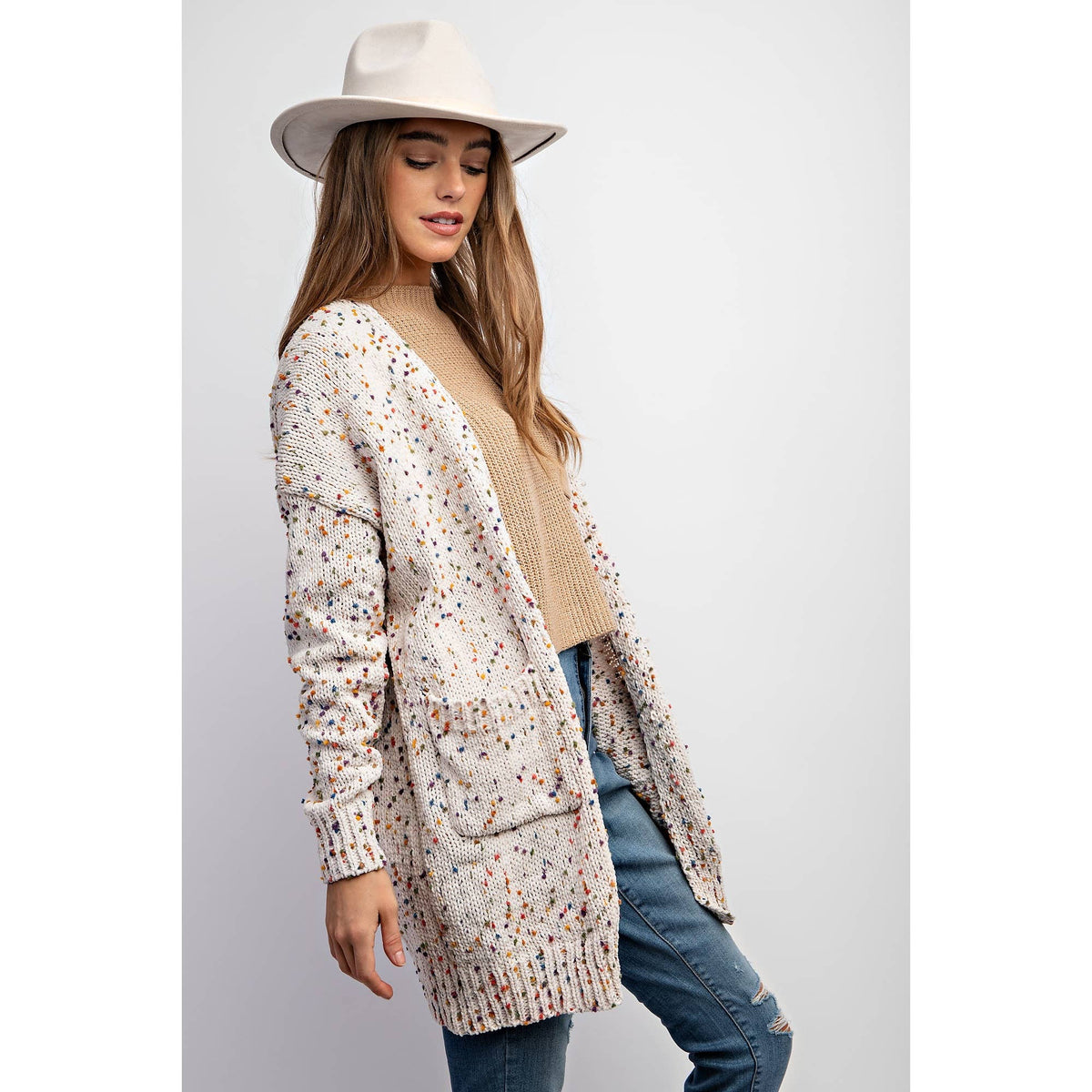 CARDIGAN W RAINBOW POPCORN SPECKLES