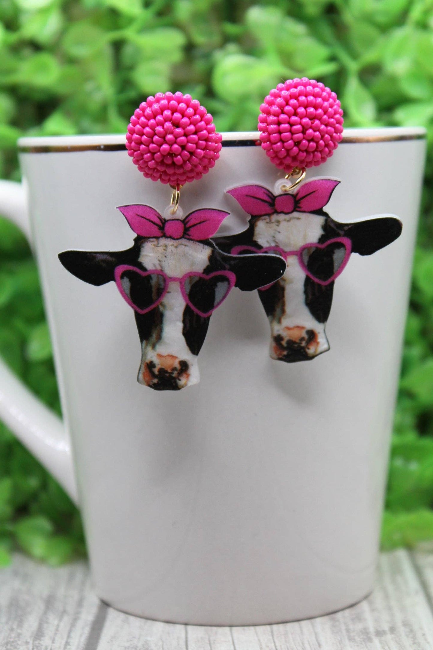 Cow with Pink Heart Glasses • Dangle Earrings