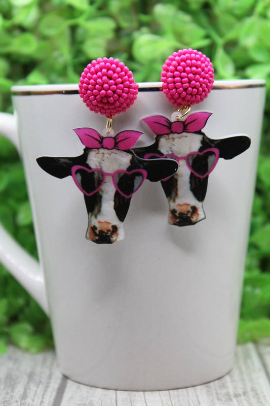 Cow with Pink Heart Glasses • Dangle Earrings