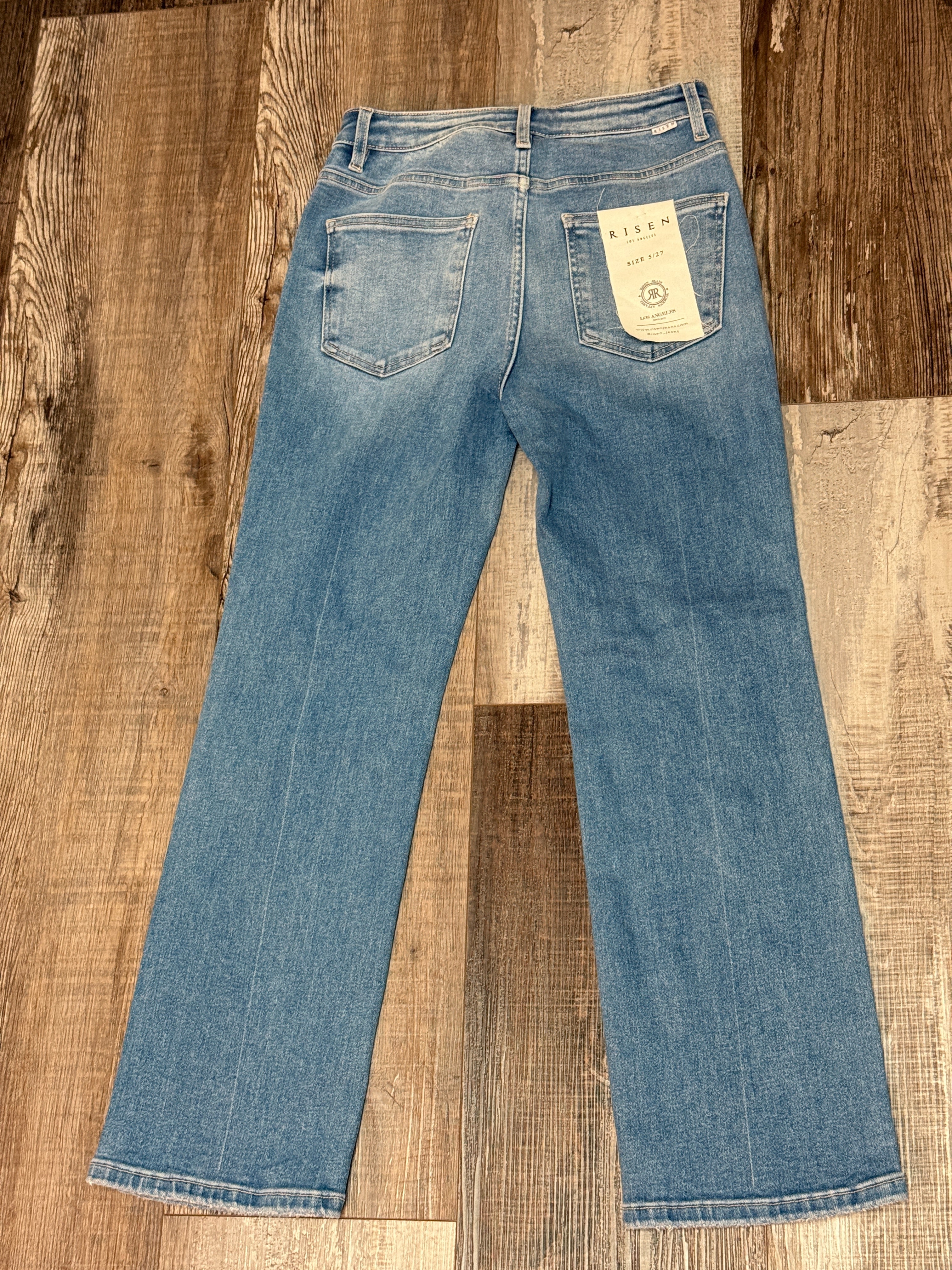 Risen High Rise Crop Straight Jeans w/ Tummy Control Medium Wash