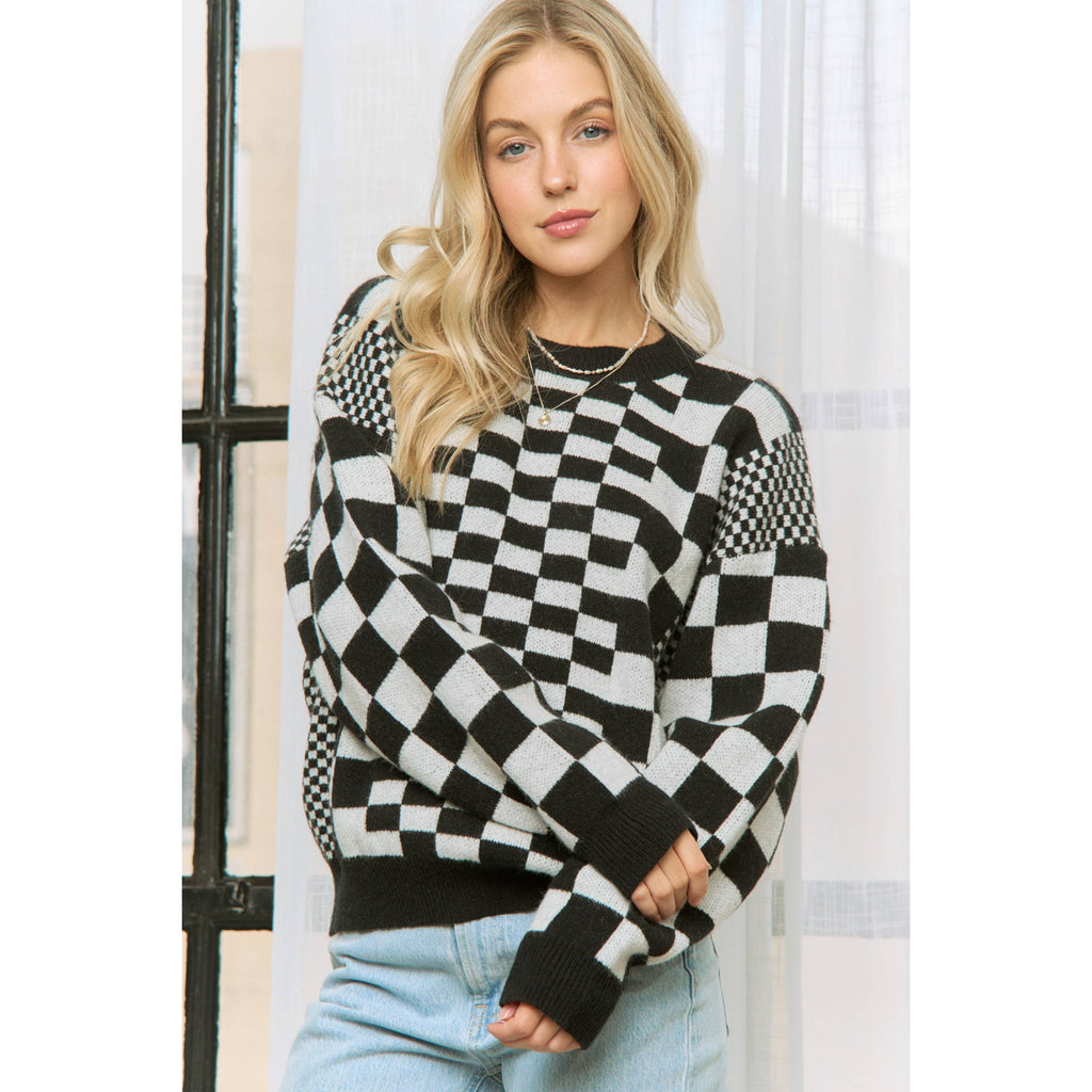 CHIC CHECKER JACQUARD PRINT CASUAL PULLOVER SWEATER