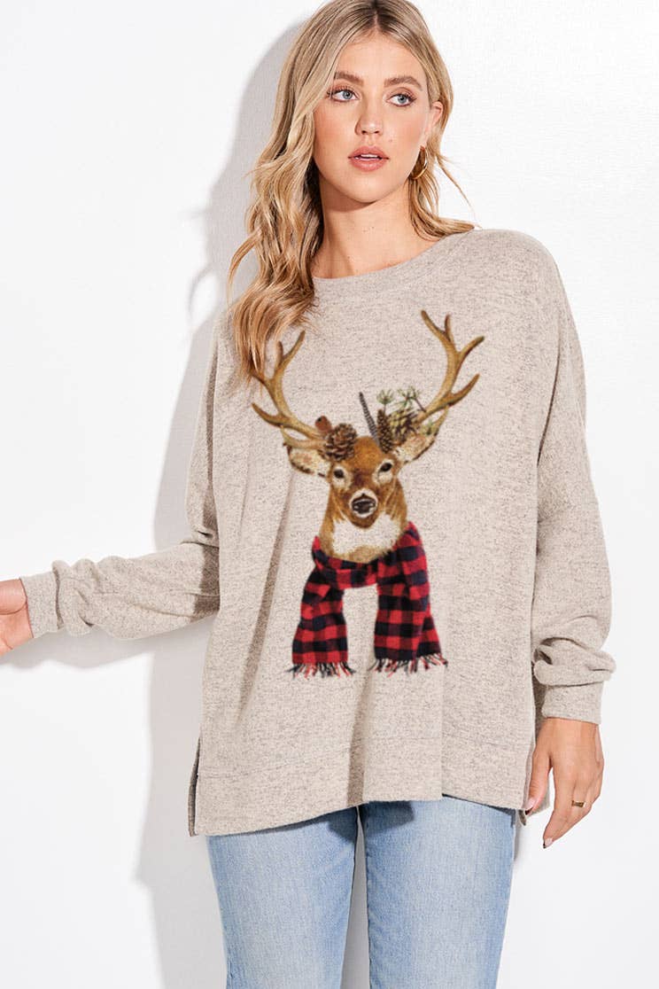 Festive Deer in Plaid Scarf Printed Long Sleeve Shirt
