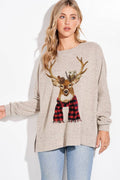 Festive Deer in Plaid Scarf Printed Long Sleeve Shirt