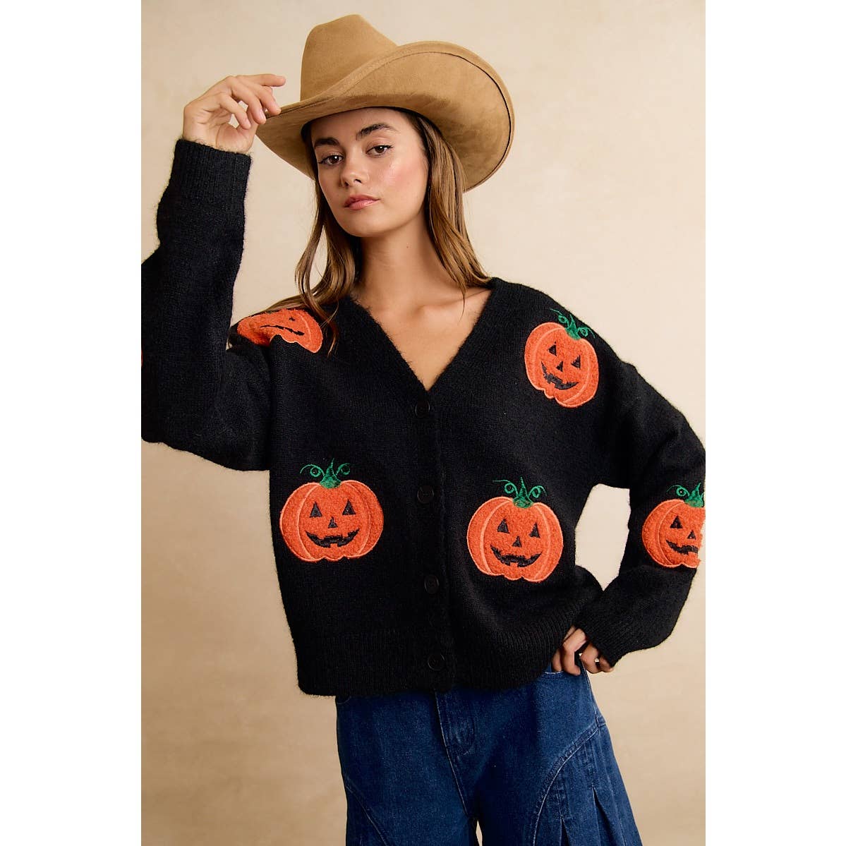 HALLOWEEN PUMPKIN APPLIQUE BUTTON FRONT KNIT CARDIGAN