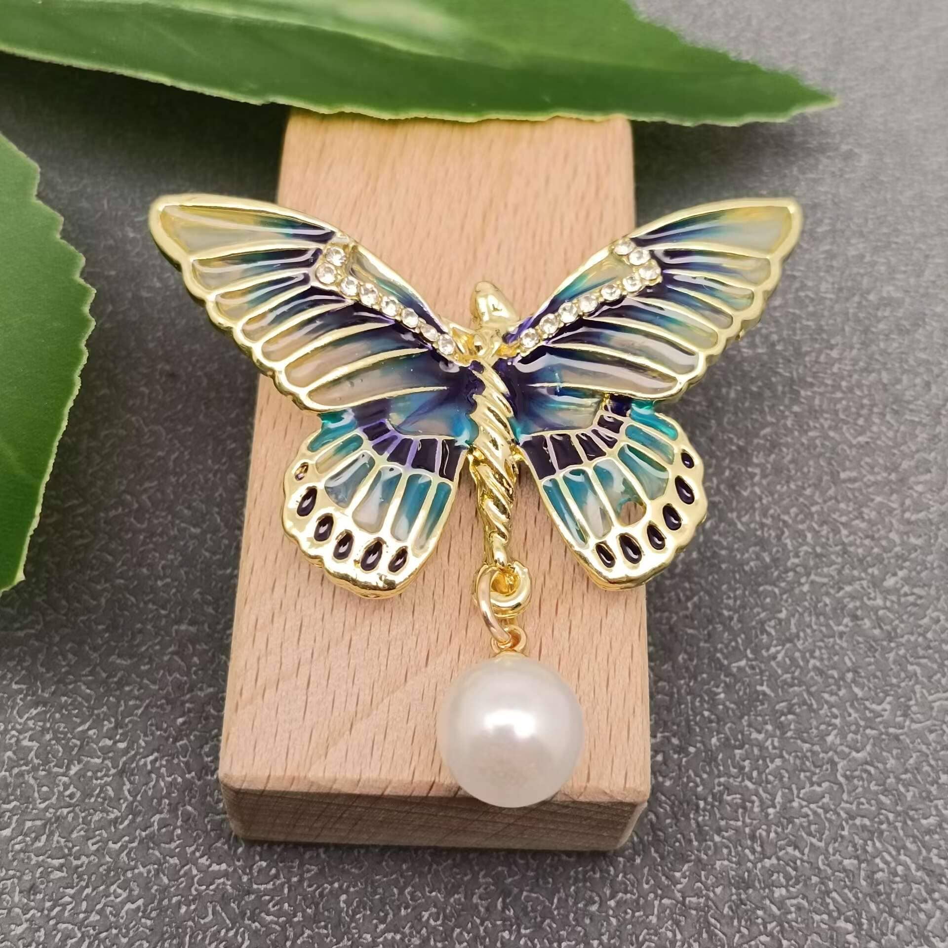 Pearl Charm Enamel Butterfly Brooch