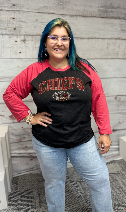 Heather Red & Grey Chiefs with Football Bling Crewneck T Shirt