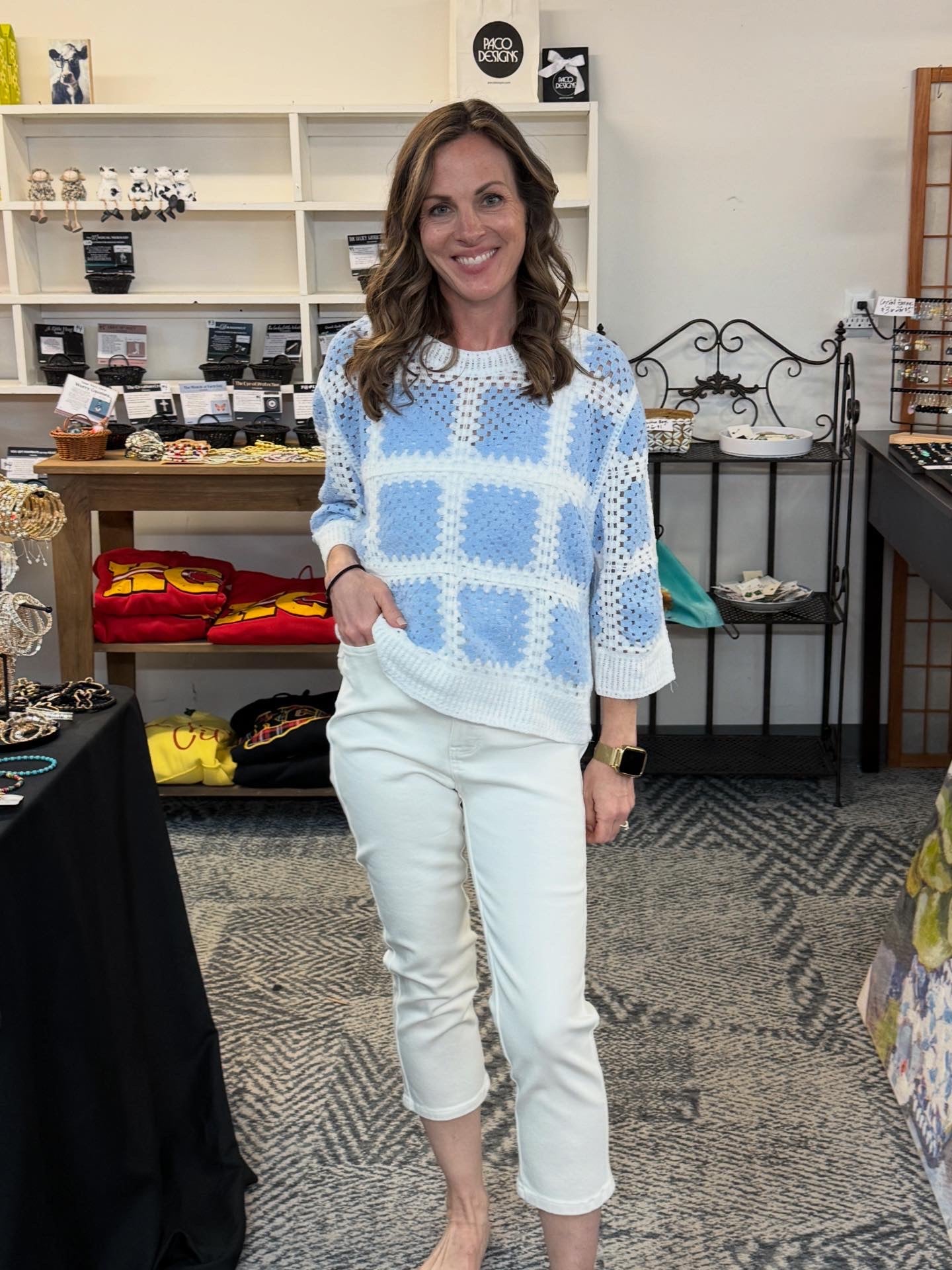 Blue & White Square Pattern Crochet Top
