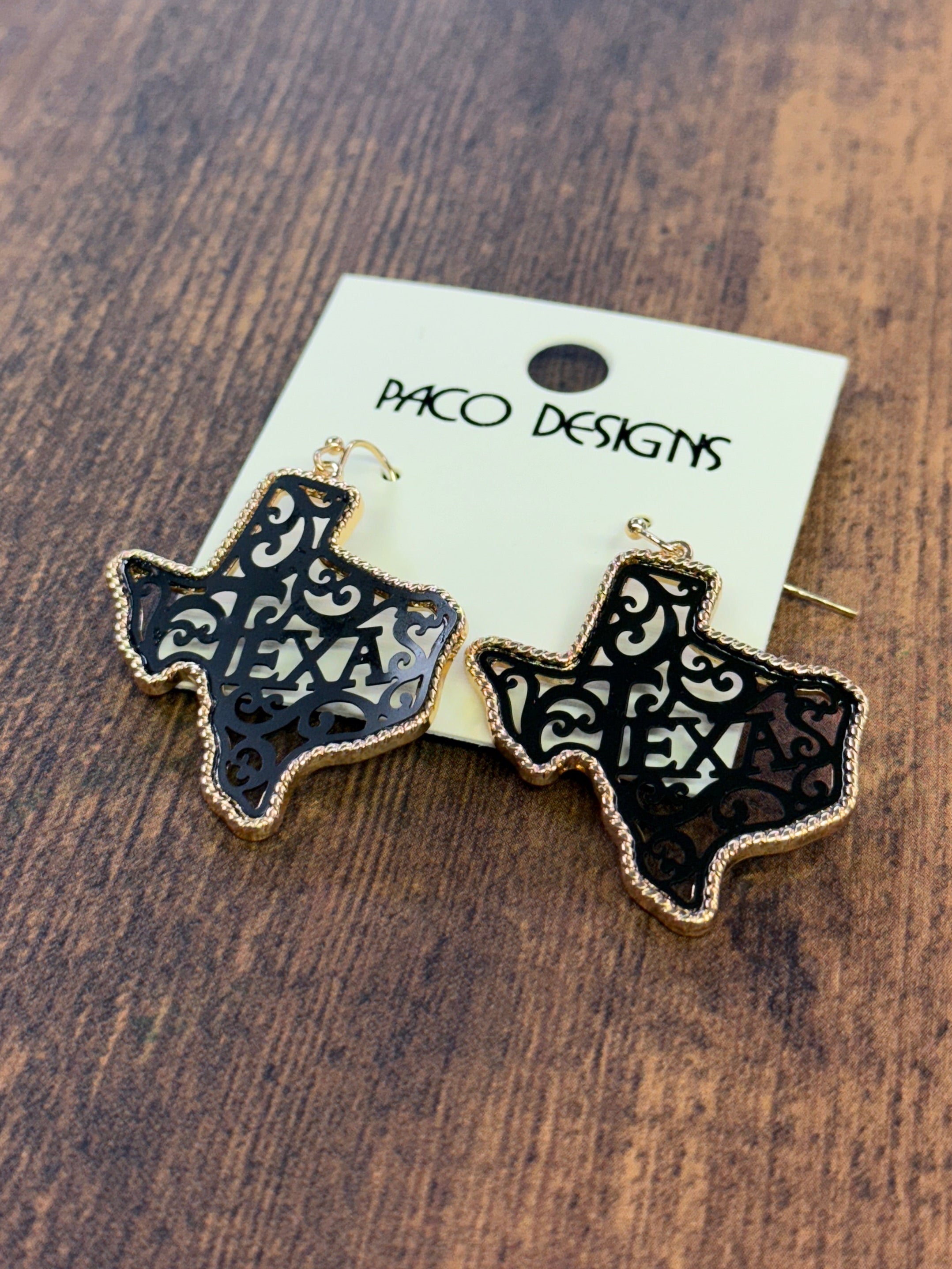 Gold Lasso Trim & Black Filigree Texas Stamped Earrings