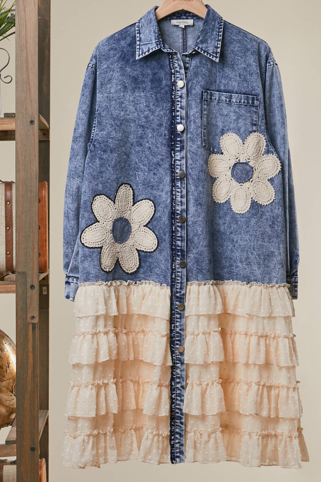 FLORAL PATCH DENIM SHIRT DRESS WITH LACE RUFFLE
