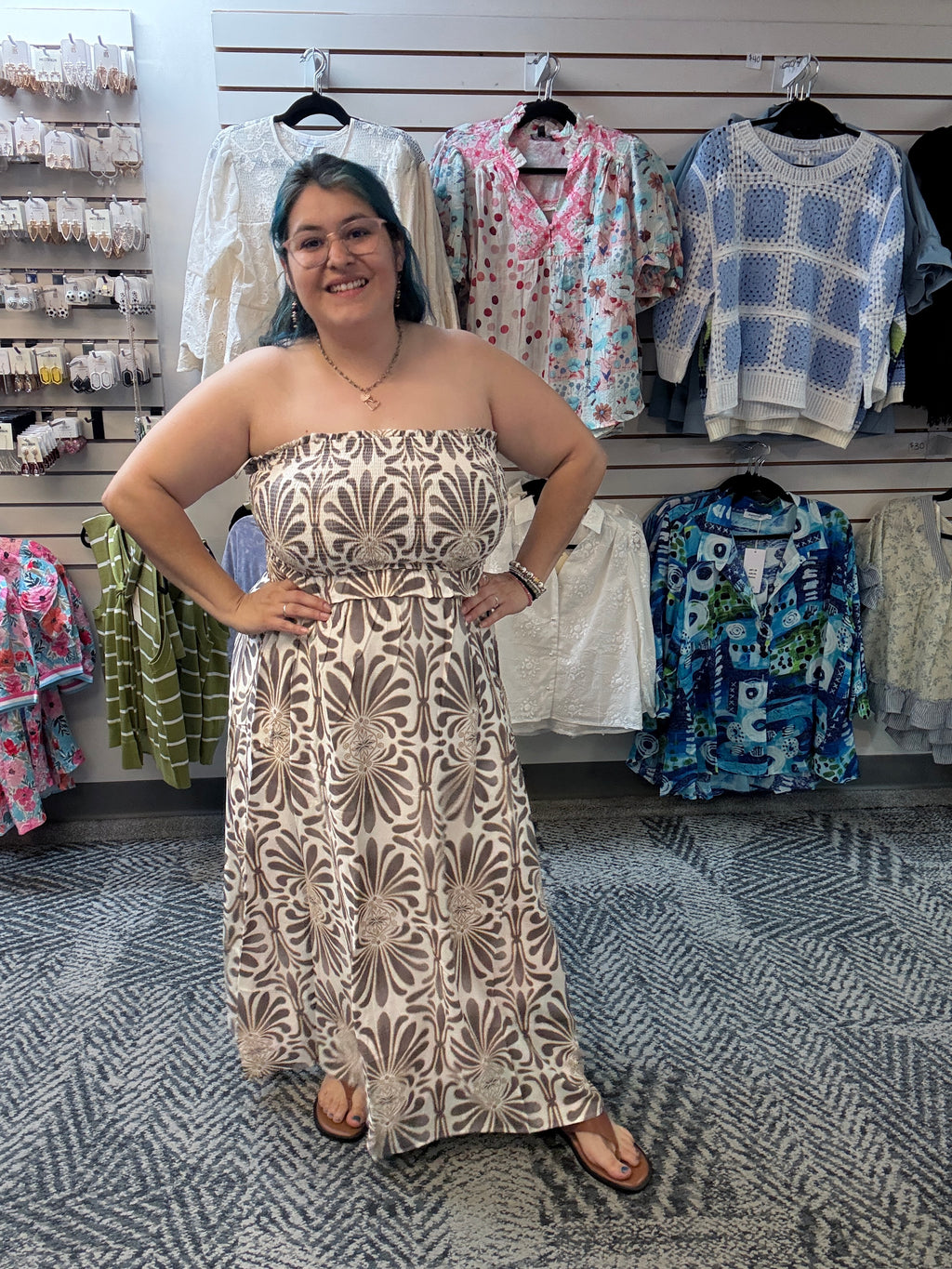 Taupe Damask Pattern Strapless Smocked Sundress