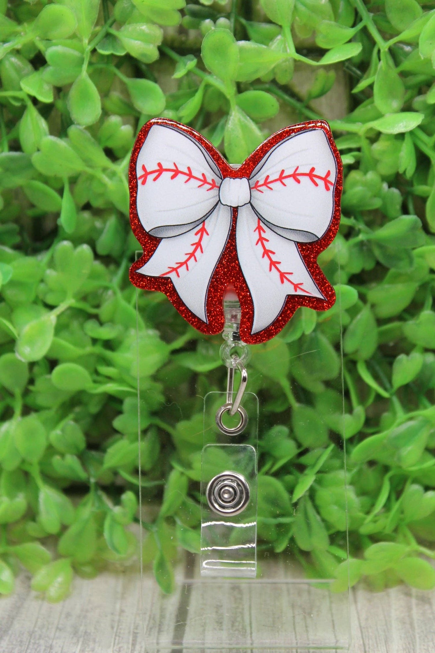 Baseball Bow Red Glitter Badge/ID Holder Reel