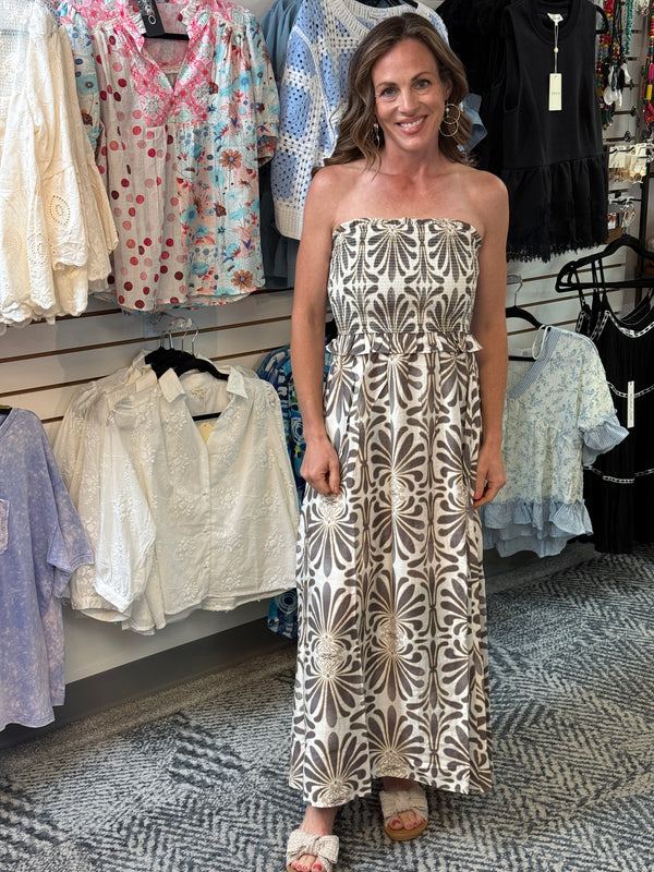 Taupe Damask Pattern Strapless Smocked Sundress