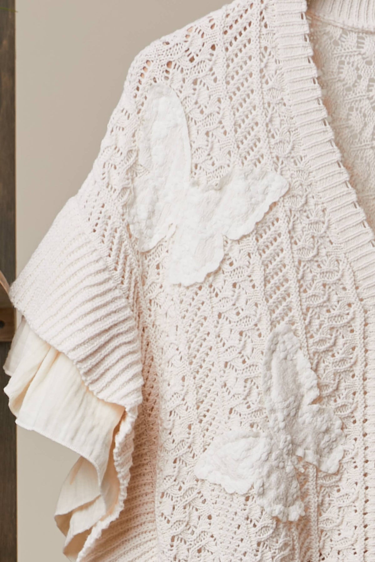Butterfly Patch Ruffle Sleeve Lace Knit Cardigan