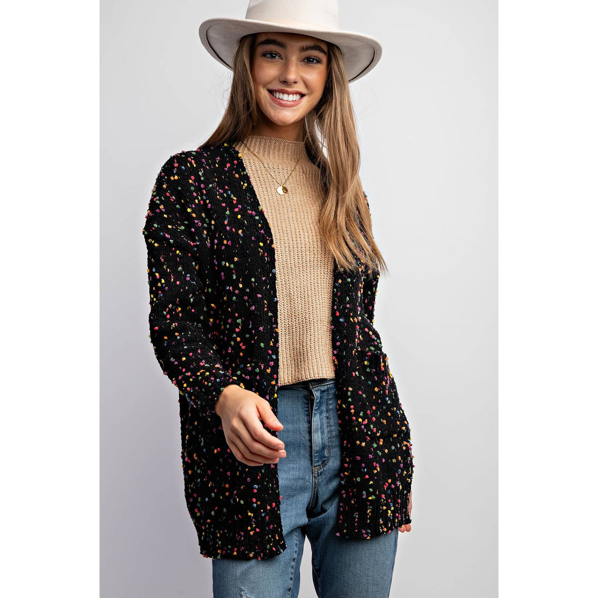 CARDIGAN W RAINBOW POPCORN SPECKLES