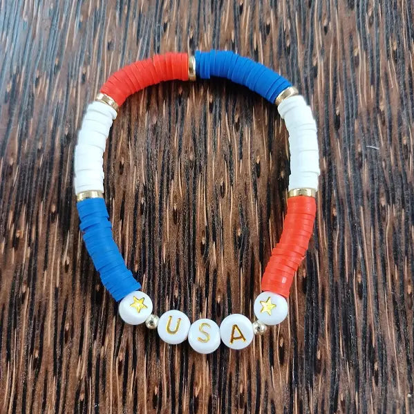 USA Red, White, Blue Heishi Bead Stretchy Bracelet