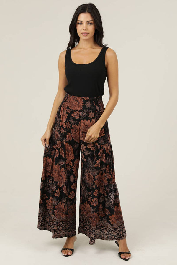 Brown Floral Print Wide Leg Pant