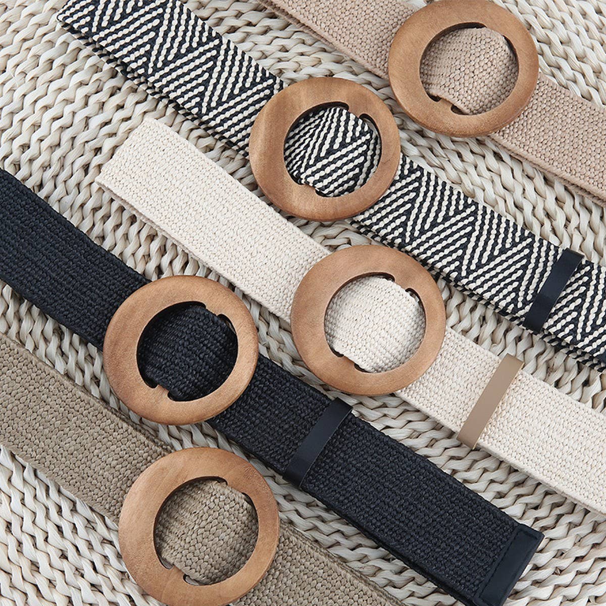 Round Wooden Buckle Pp Straw Woven Belt