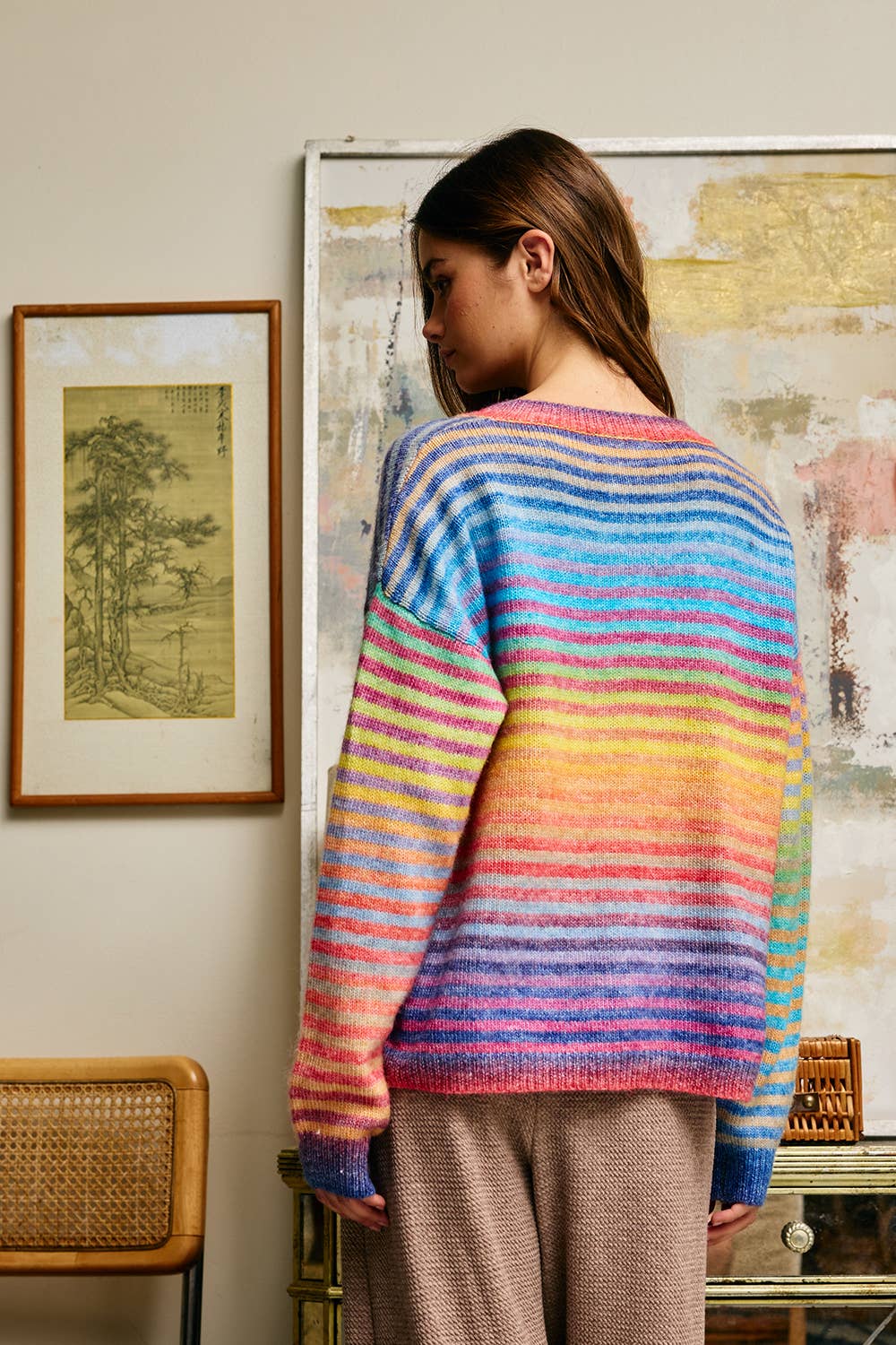 Multi-Colored Striped Button-Down Cardigan