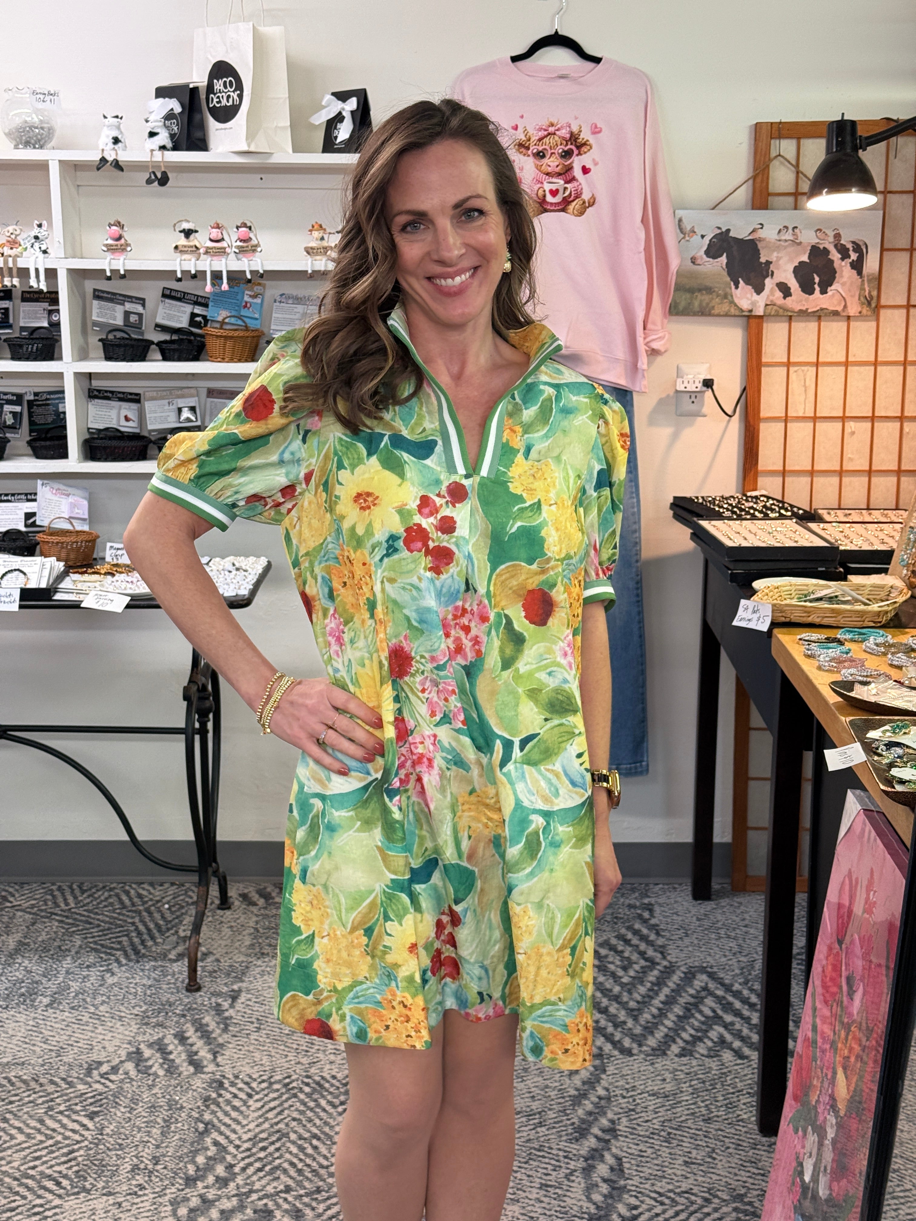 Colorful Green & Yellow Floral Print Dress