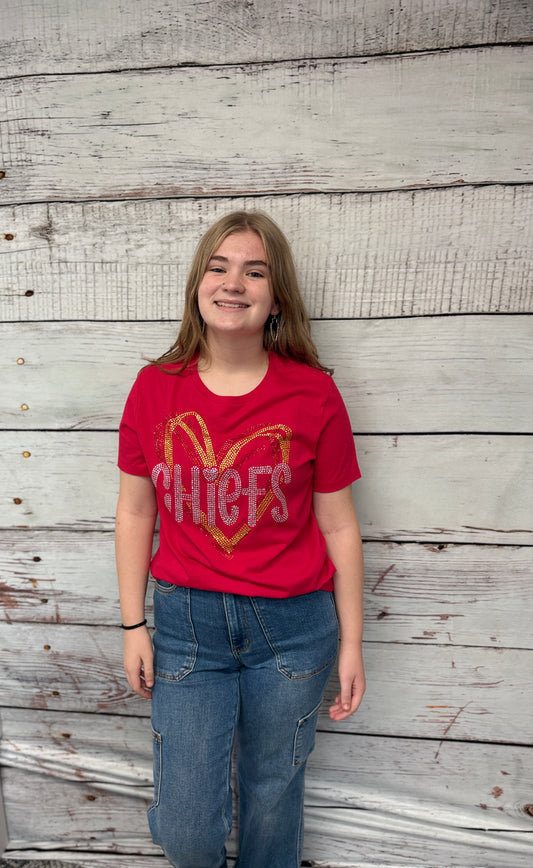 Red Swirly Heart Chiefs Bling Crewneck T Shirt