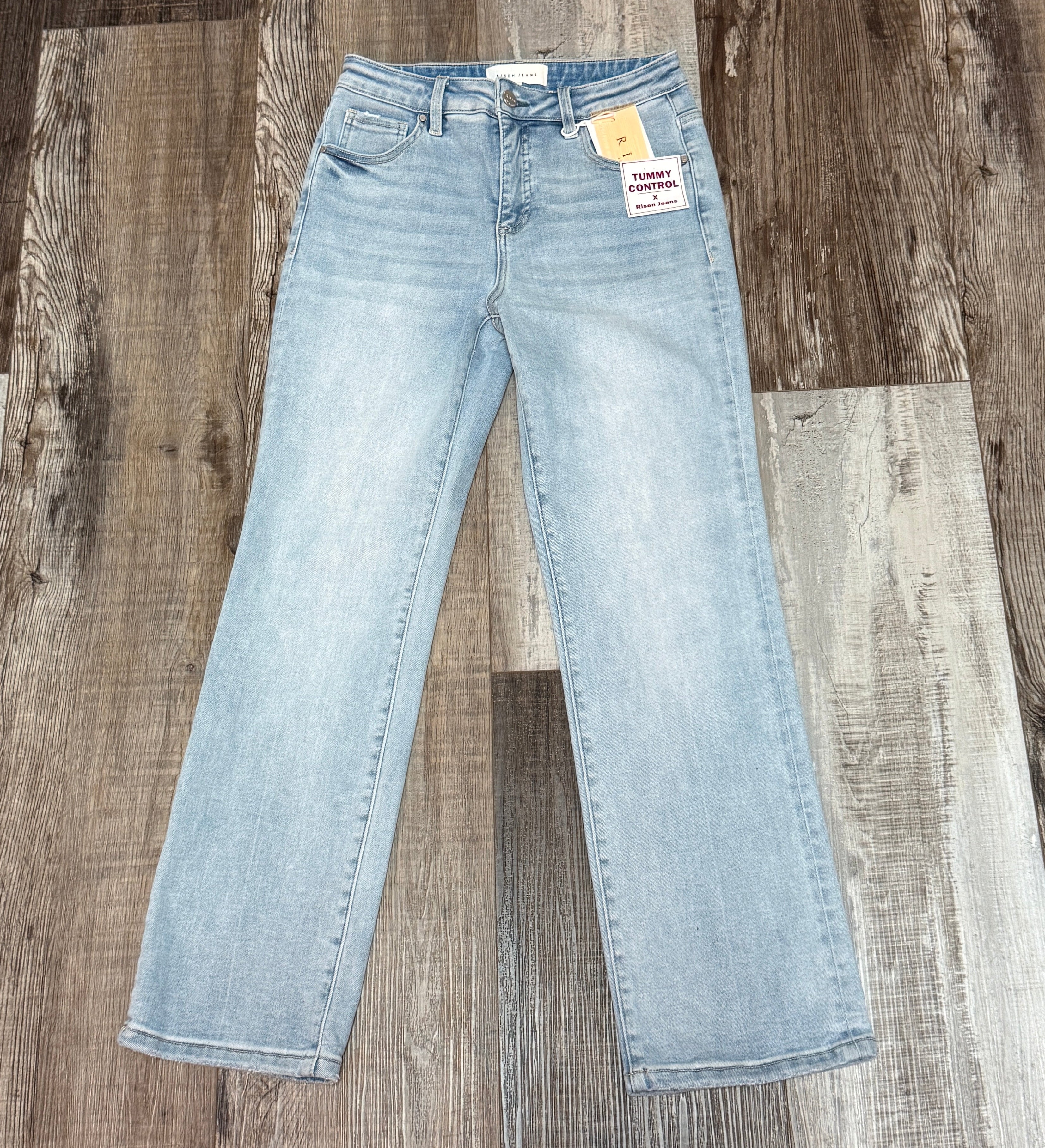 Risen Tummy Control High Rise Crop Straight Jeans Light Wash