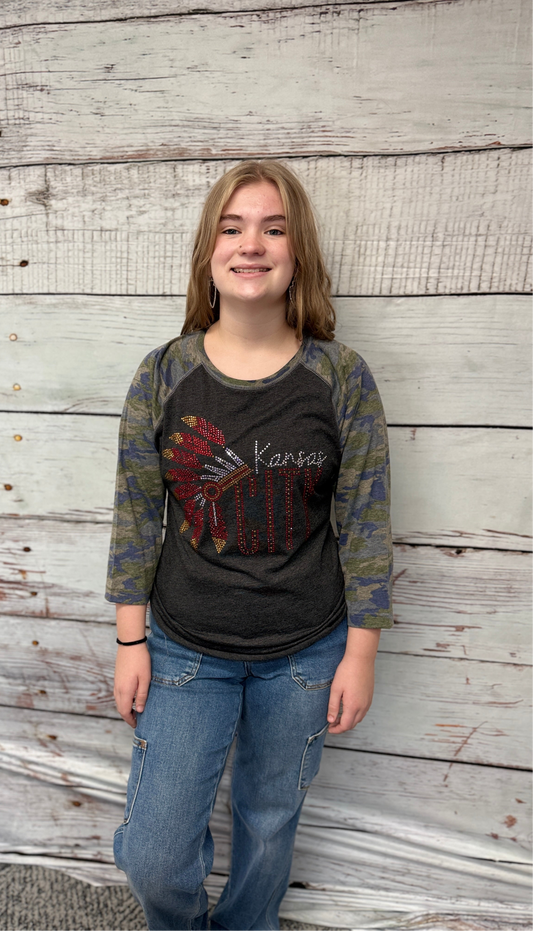 Kansas City Headdress Bling 2.0 Camo Sleeve Raglan T Shirt