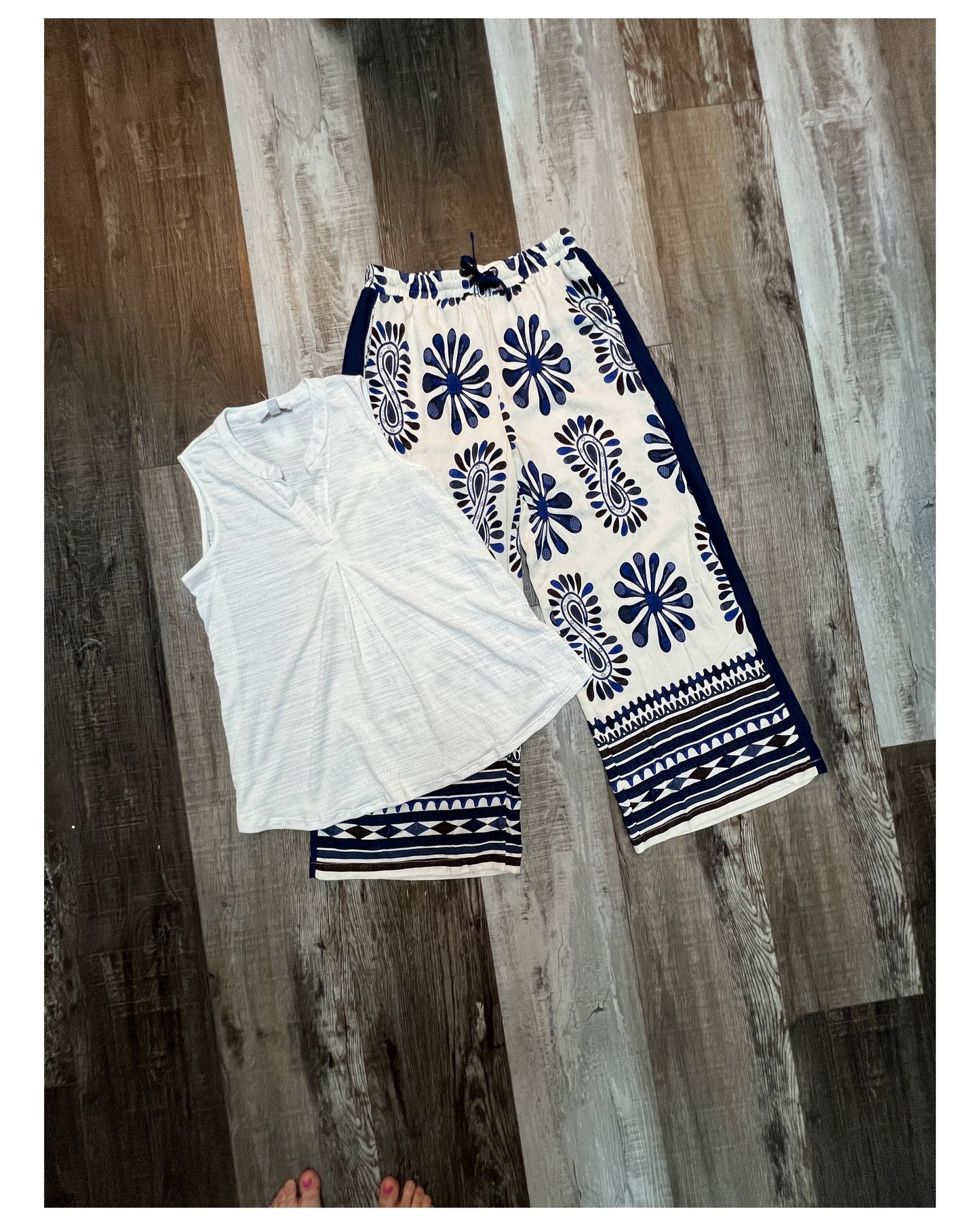 Navy Floral Print High Waist Pants