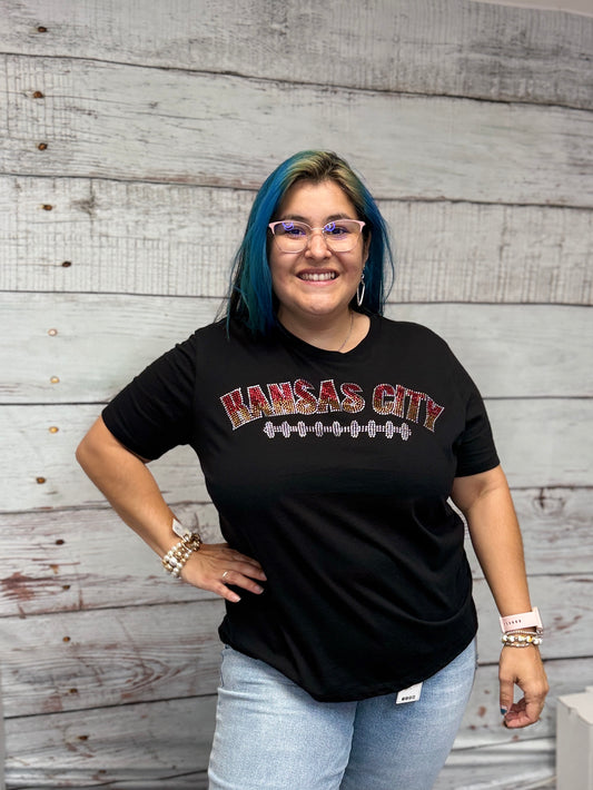 Black Kansas City Football Stitch Bling Crewneck T Shirt