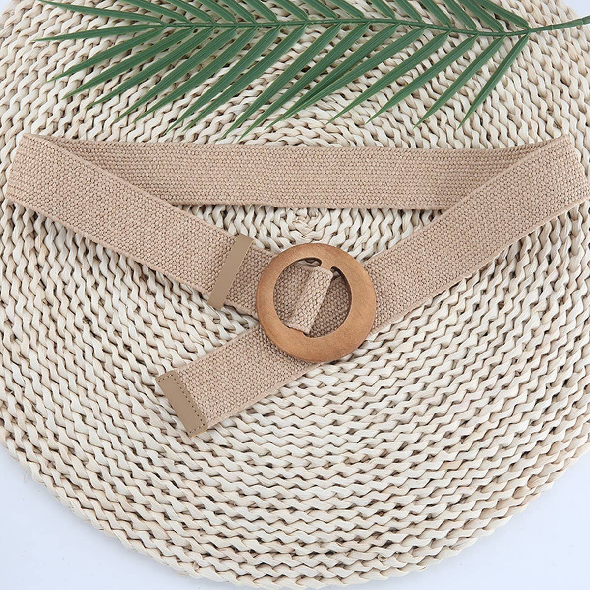 Round Wooden Buckle Pp Straw Woven Belt