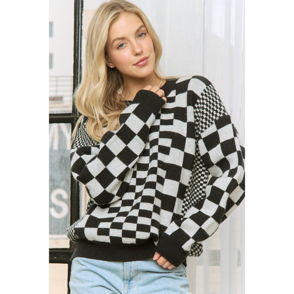 CHIC CHECKER JACQUARD PRINT CASUAL PULLOVER SWEATER