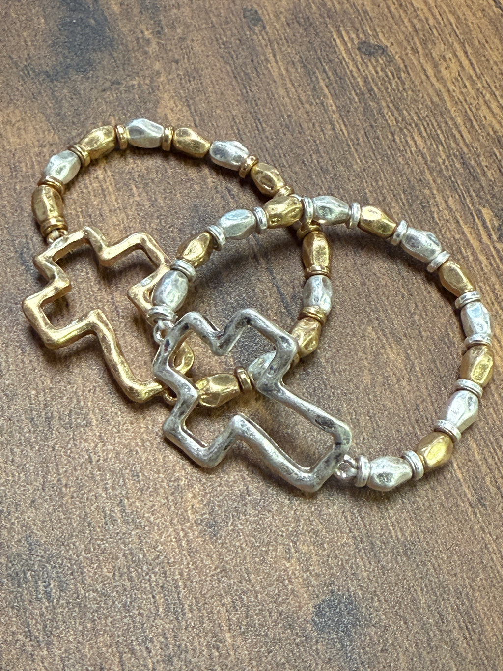 Gold or Silver Hammered Cross Mixed Metal Stretch Bracelet