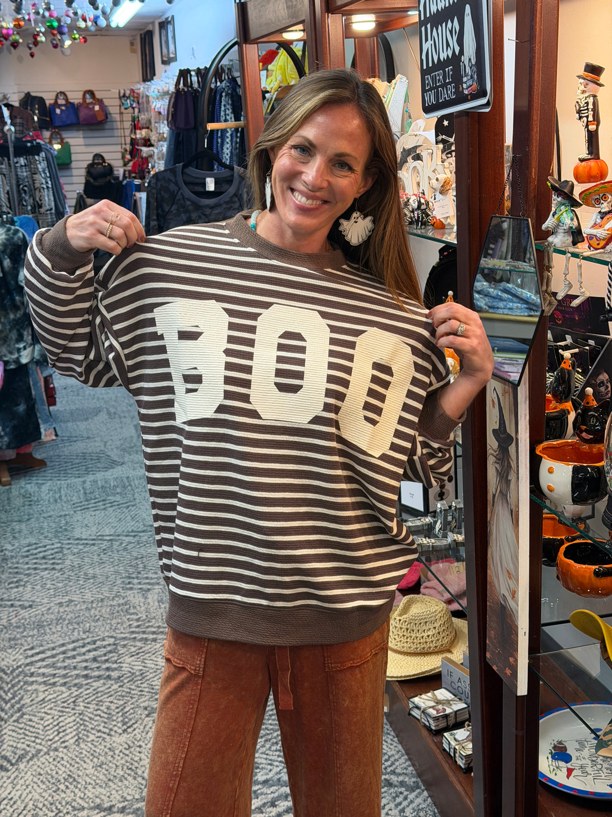 Brown & White "Waffle Knit" Long Sleeve BOO Top