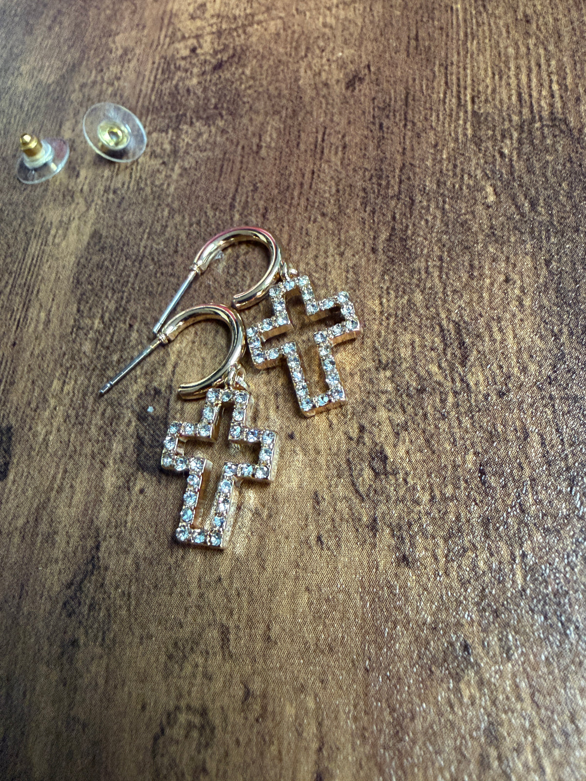 Dainty Gold CZ Rhinestone Cross Dangle Hoop Earrings