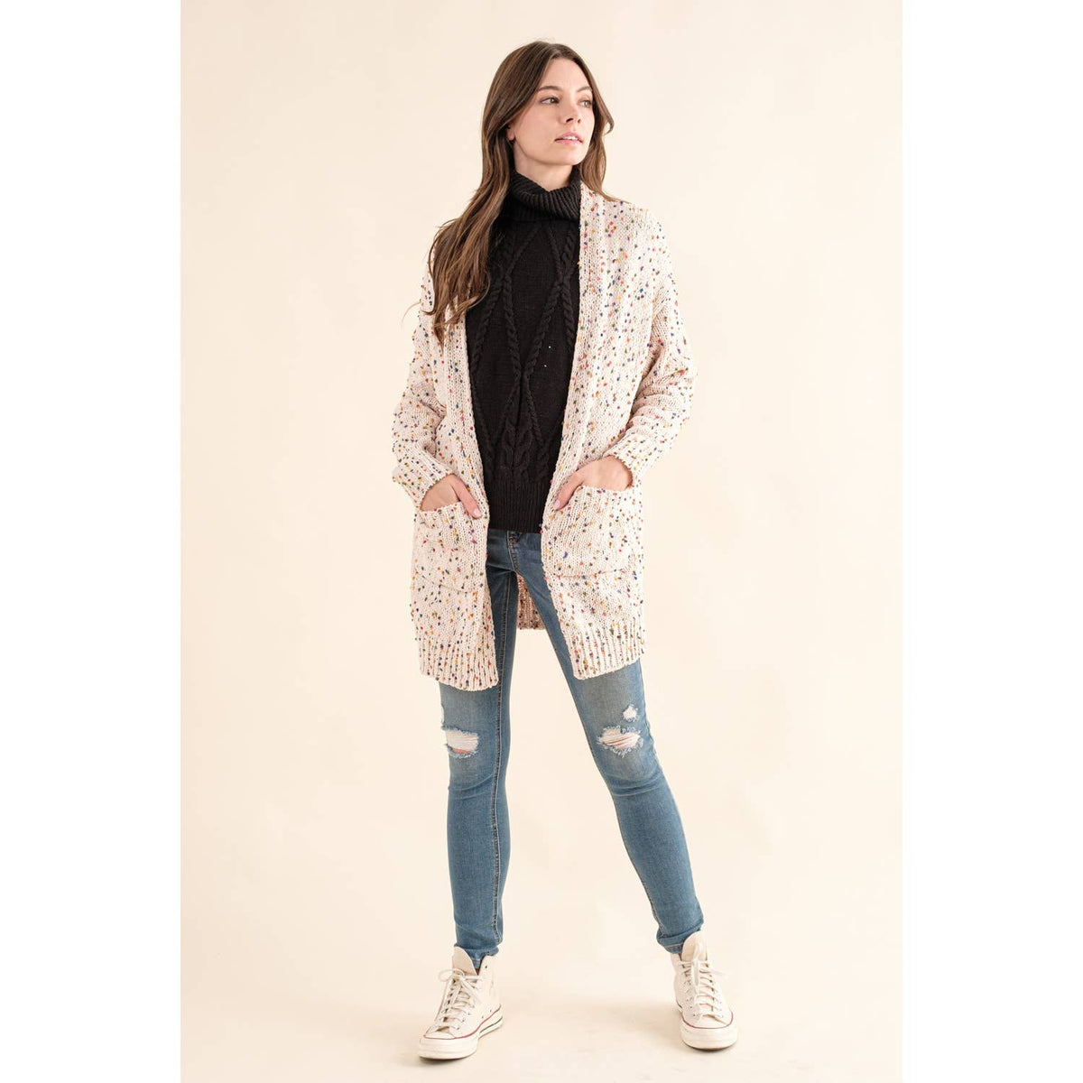 CARDIGAN W RAINBOW POPCORN SPECKLES