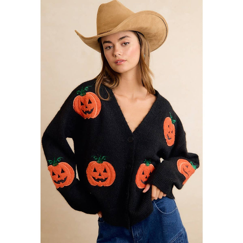 HALLOWEEN PUMPKIN APPLIQUE BUTTON FRONT KNIT CARDIGAN