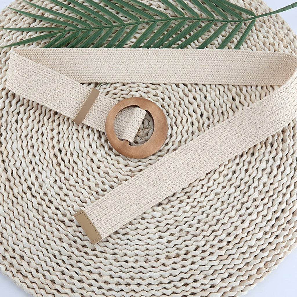 Round Wooden Buckle Pp Straw Woven Belt