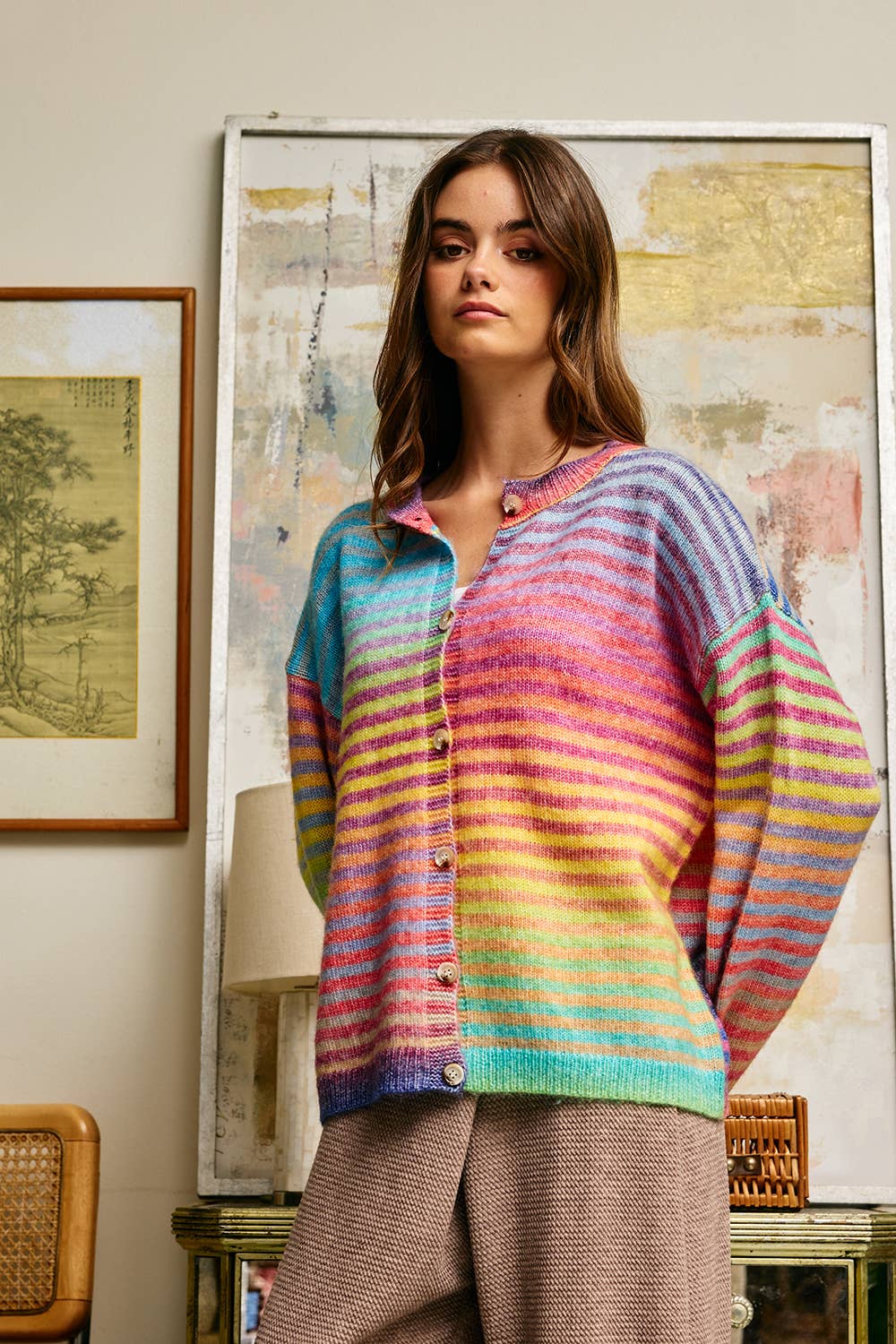 Multi-Colored Striped Button-Down Cardigan