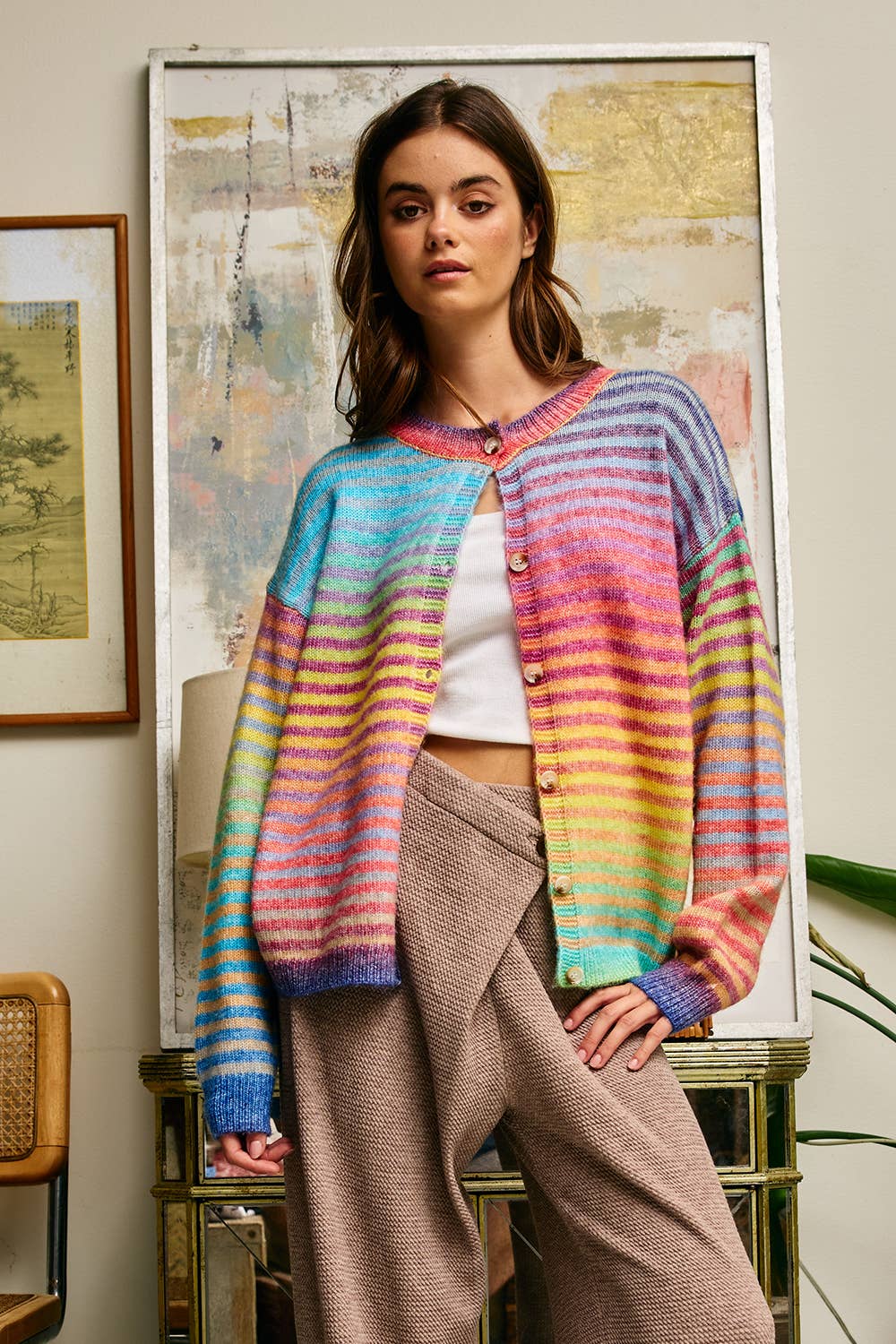Multi-Colored Striped Button-Down Cardigan