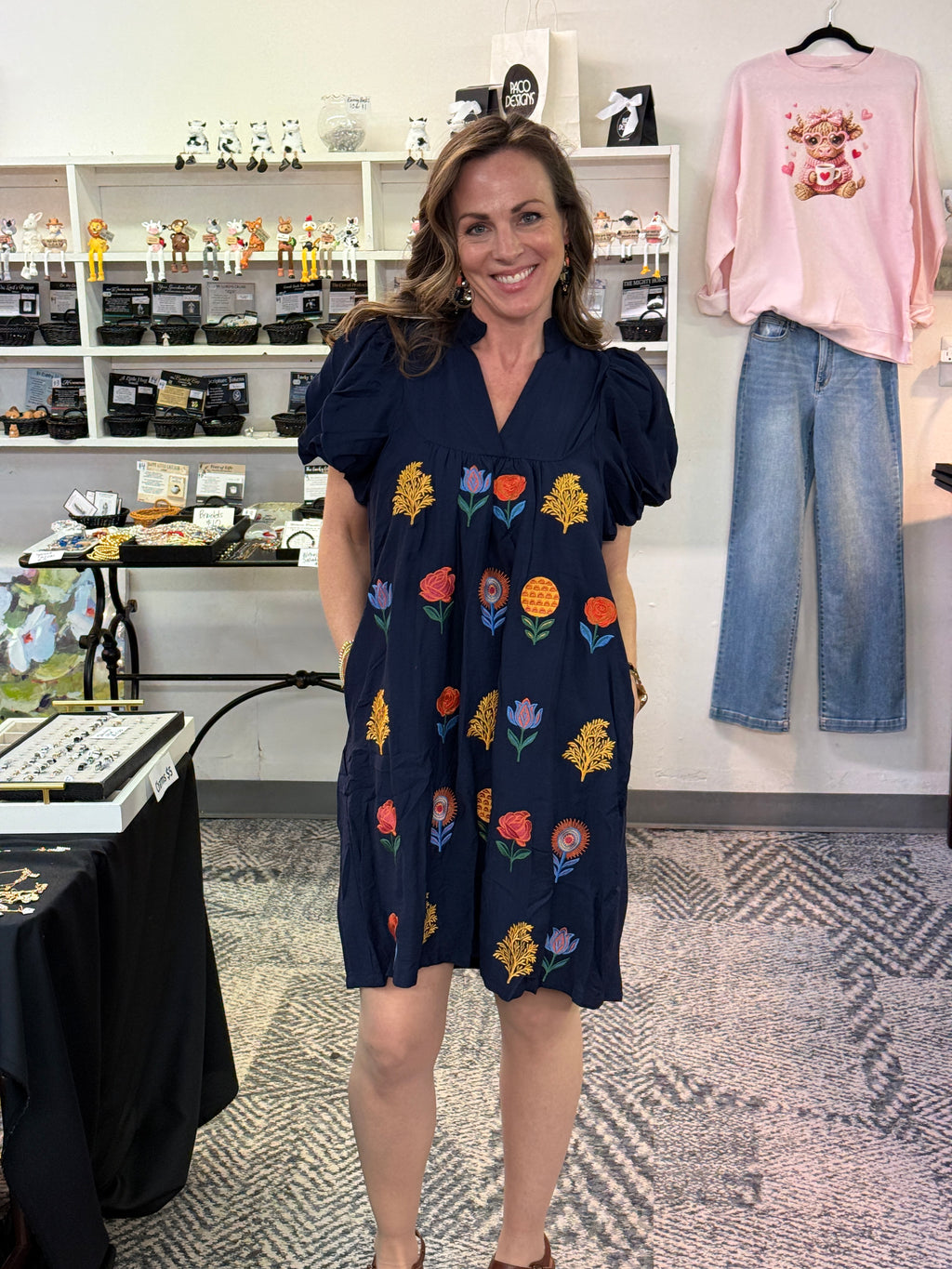 Navy Blue Flower Embroidered Dress