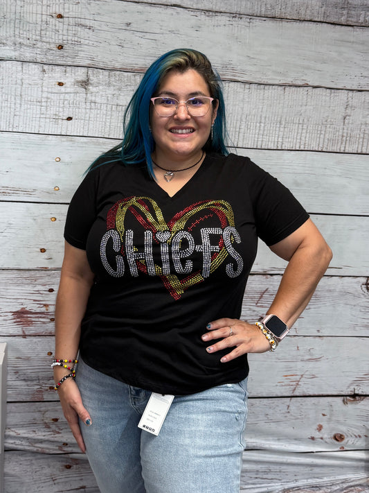 Black V-neck Swirly Heart Chiefs Bling Shirt