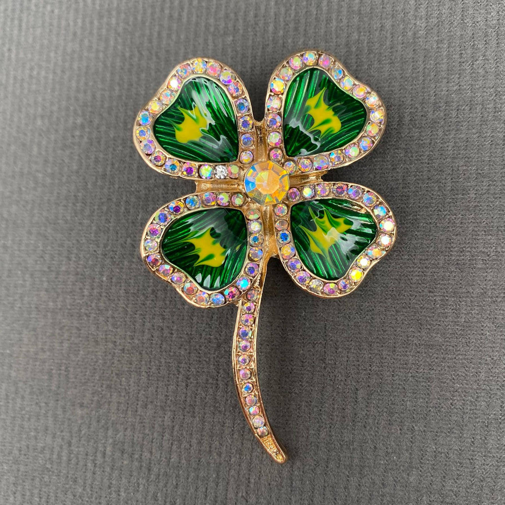 Rhinestone Inlaid Enamel Four-leaf Clover Brooch