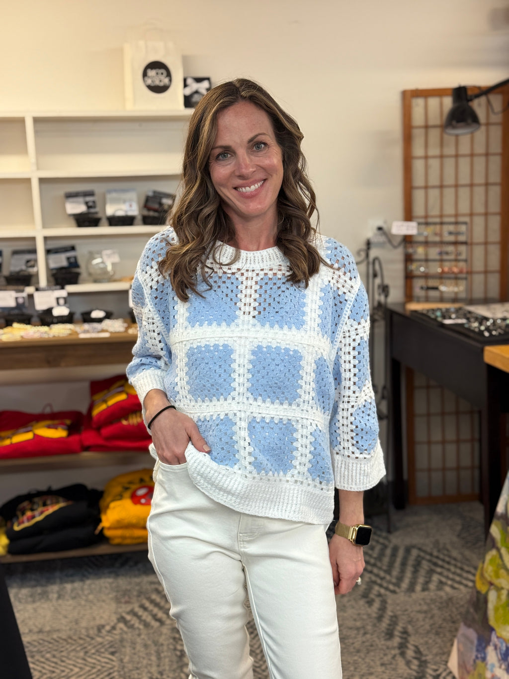 Blue & White Square Pattern Crochet Top