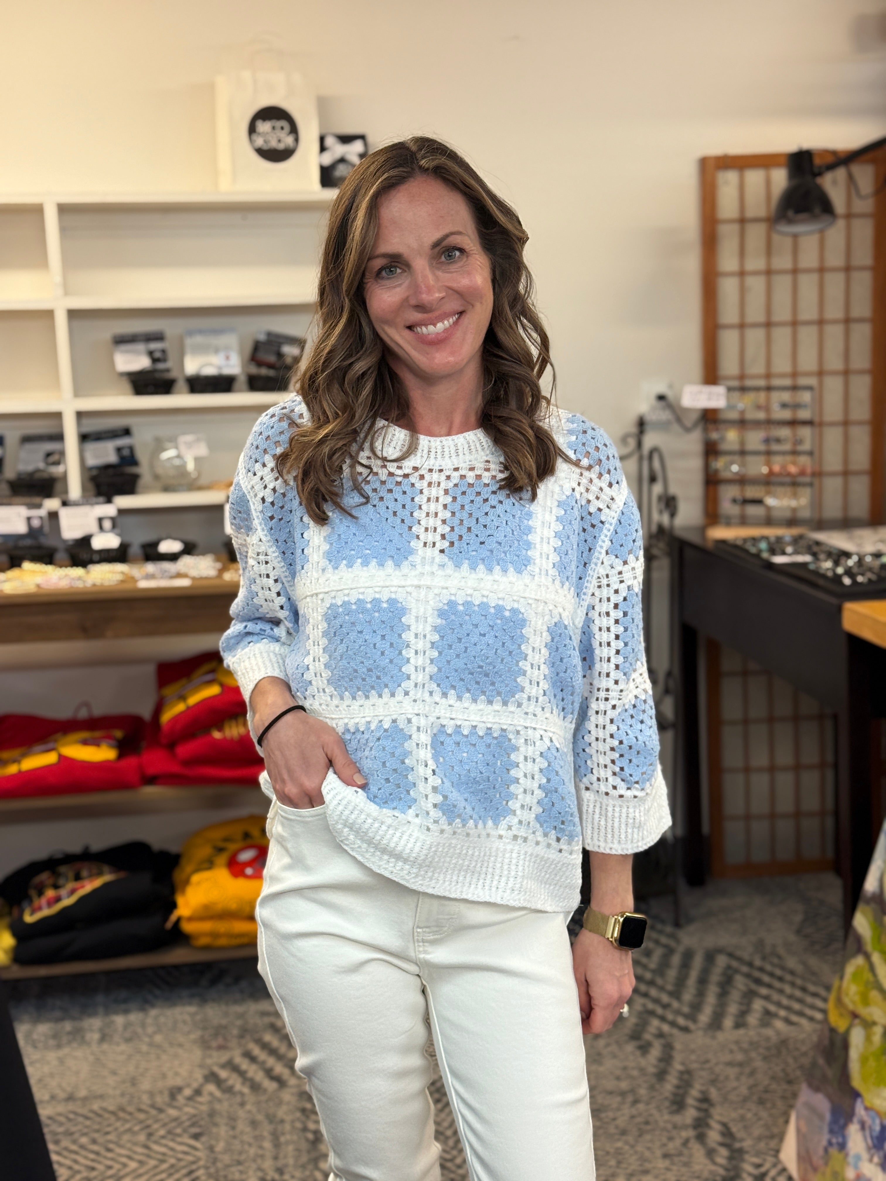 Blue & White Square Pattern Crochet Top