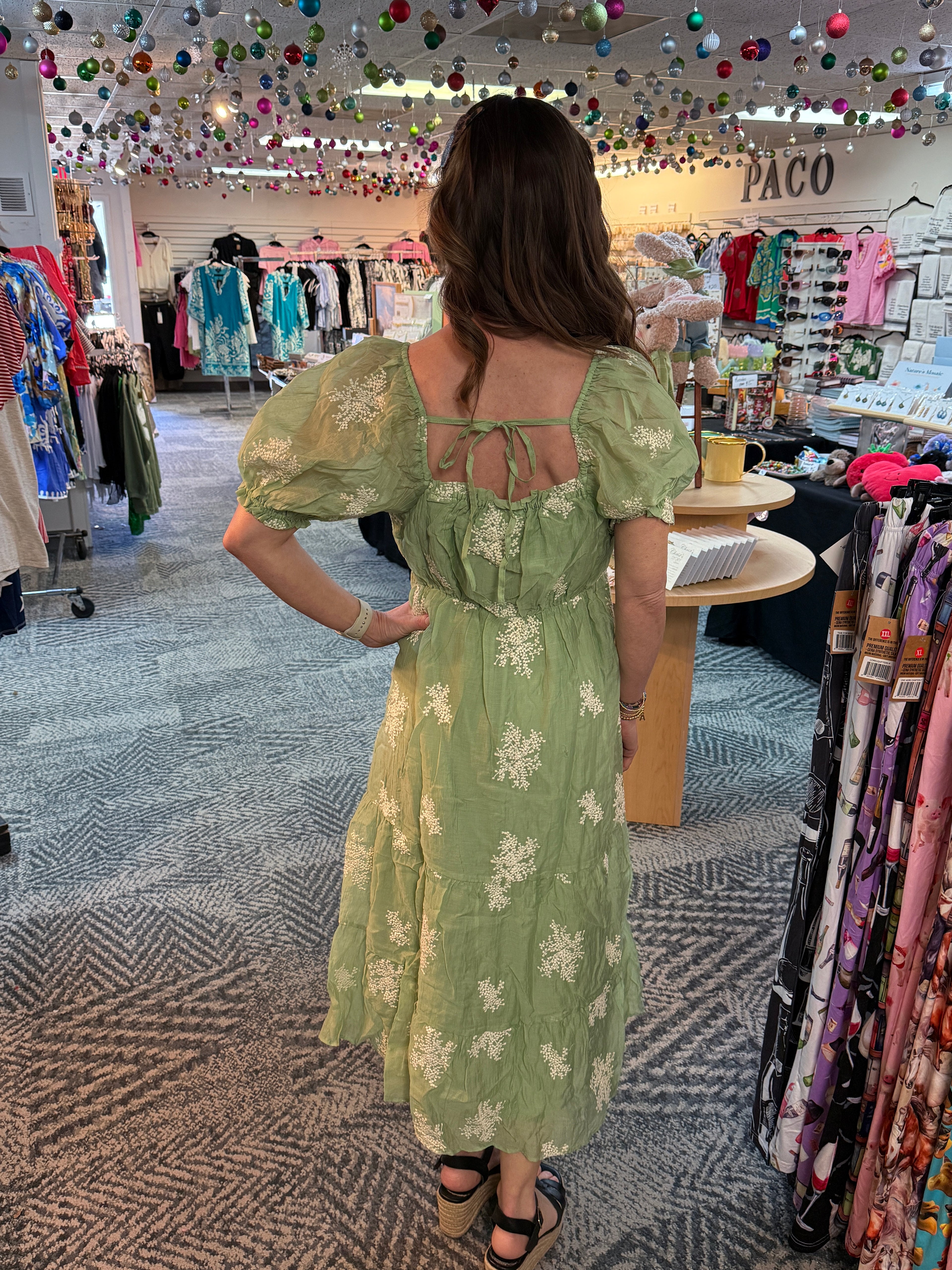 Sage Green Embroidered Puff Sleeve