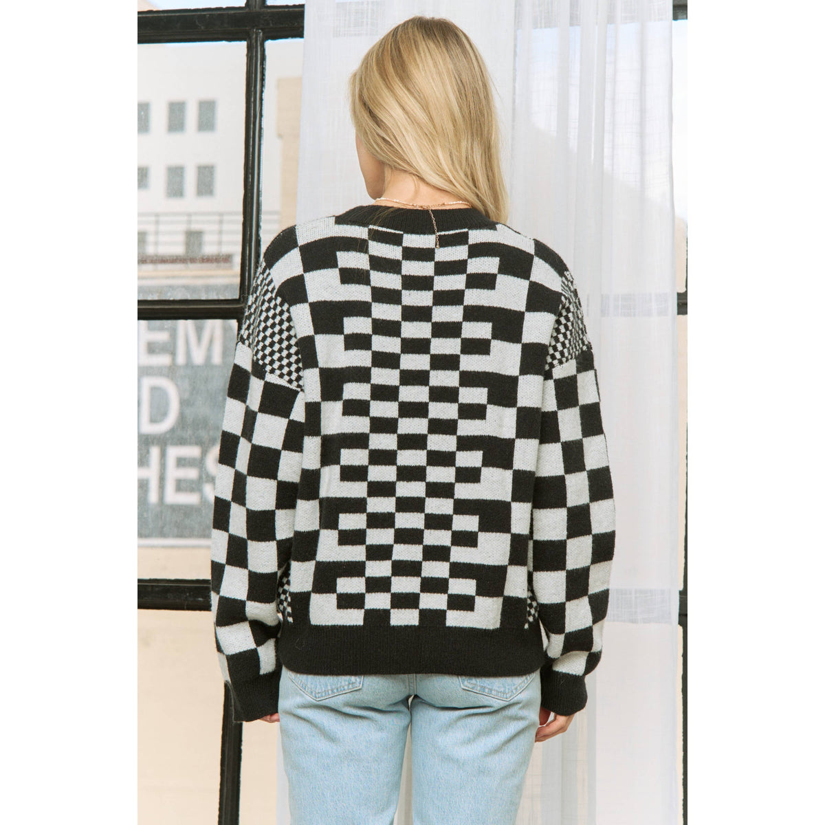 CHIC CHECKER JACQUARD PRINT CASUAL PULLOVER SWEATER